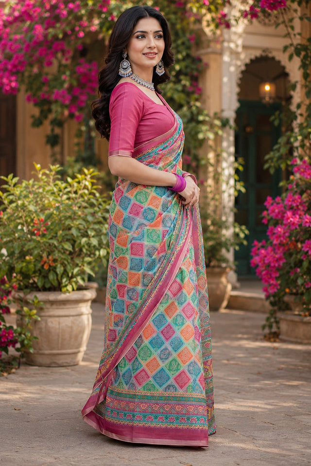 Multicolor Printed Linen Saree (HT2524)