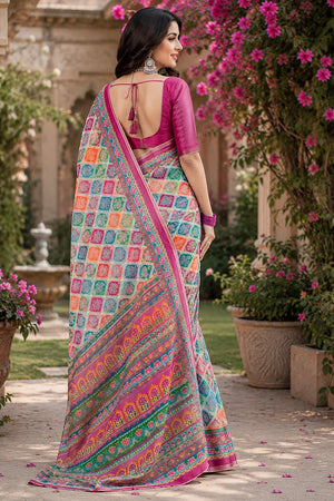Multicolor Printed Linen Saree (HT2524)
