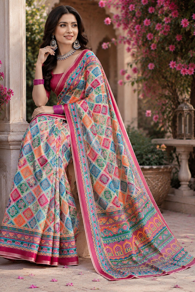 Multicolor Printed Linen Saree (HT2524)
