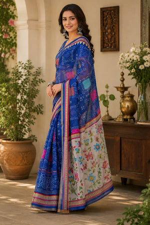 Royal Blue Bandhani Printed Linen Saree (HT2525)