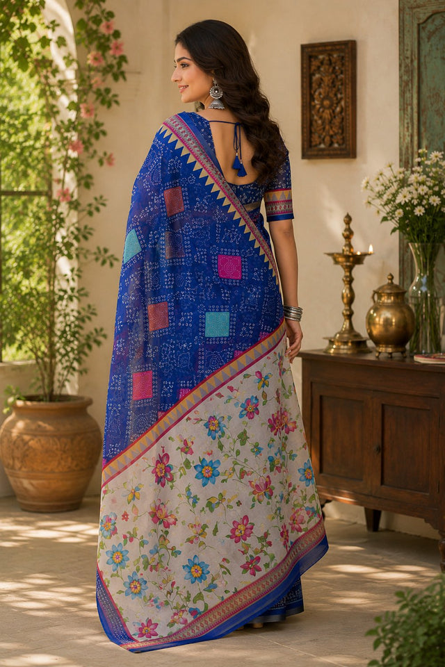 Royal Blue Bandhani Printed Linen Saree (HT2525)