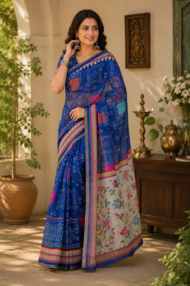 Royal Blue Bandhani Printed Linen Saree (HT2525)