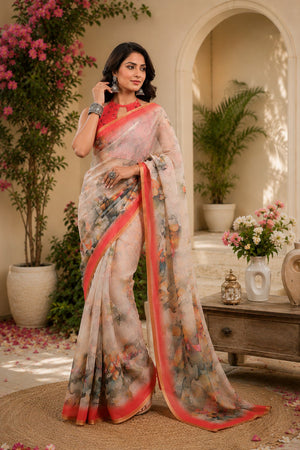Ivory Floral Printed Linen Saree (HT2526)