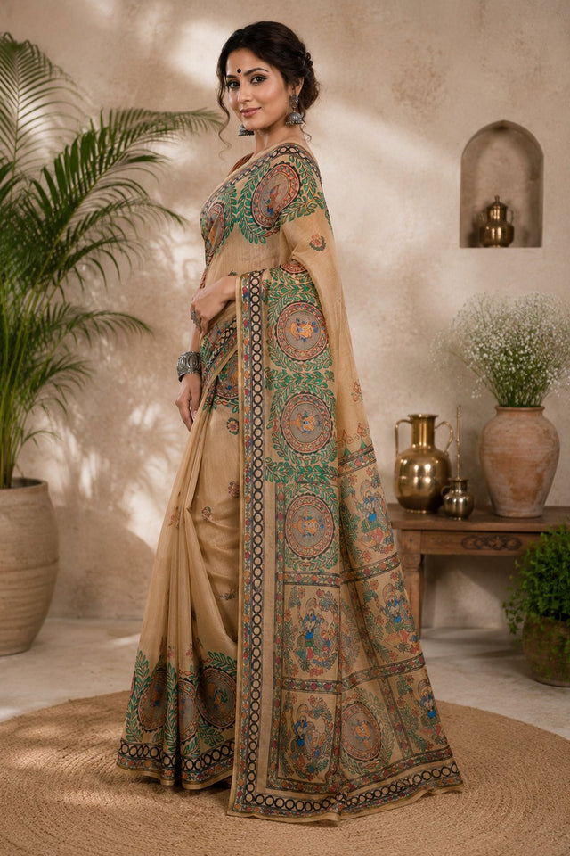 Beige Madhubani Printed Linen Saree (HT2527)