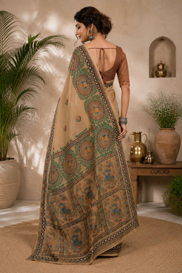 Beige Madhubani Printed Linen Saree (HT2527)