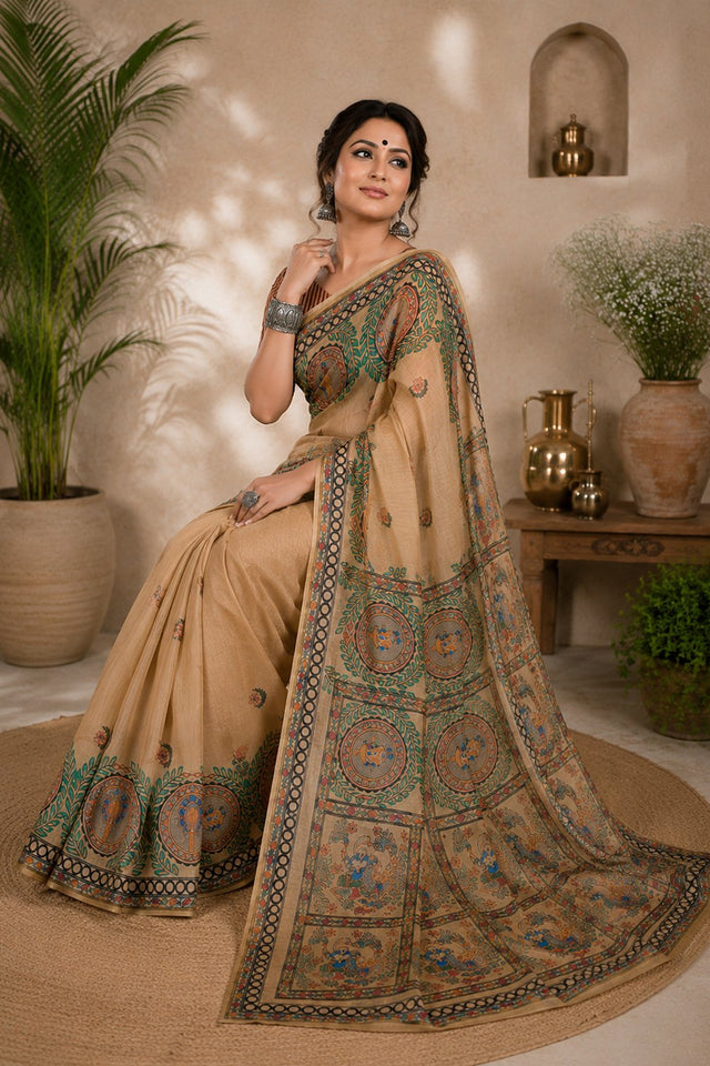 Beige Madhubani Printed Linen Saree (HT2527)