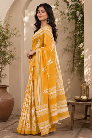 Mustard Yellow Printed Linen Saree (HT2528)