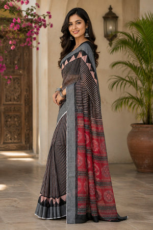 Black Striped Printed Linen Saree (HT2529)