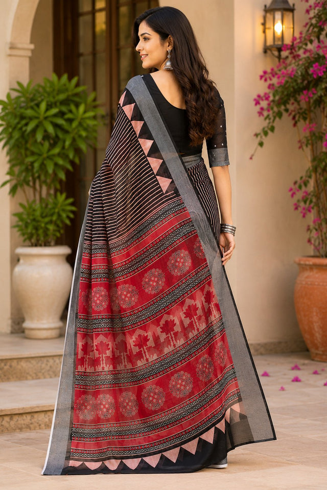 Black Striped Printed Linen Saree (HT2529)