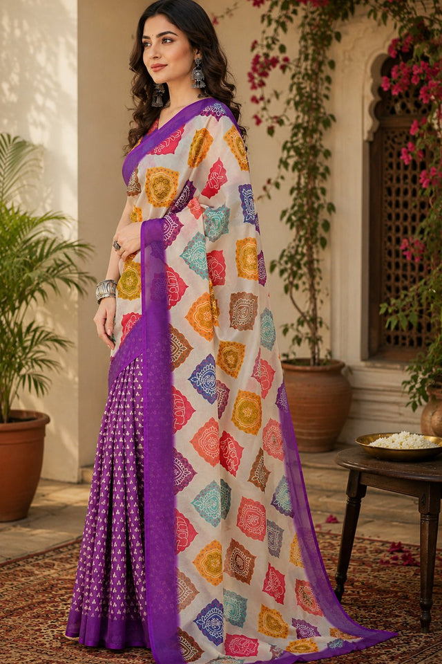 Cream & Purple Geometric Printed Linen Saree (HT2530)