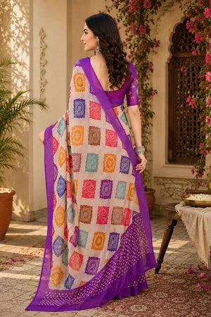 Cream & Purple Geometric Printed Linen Saree (HT2530)