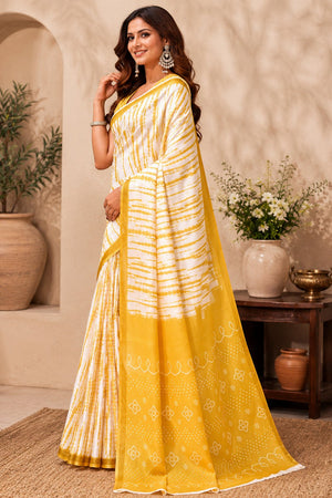 White & Yellow Printed Linen Saree (HT2531)