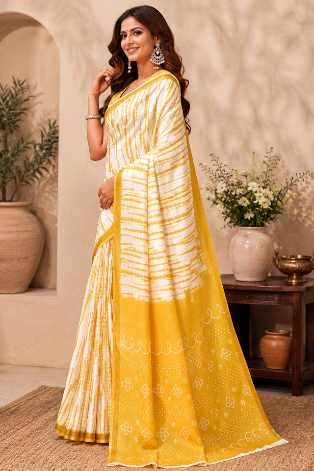 White & Yellow Printed Linen Saree (HT2531)