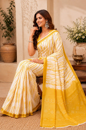 White & Yellow Printed Linen Saree (HT2531)