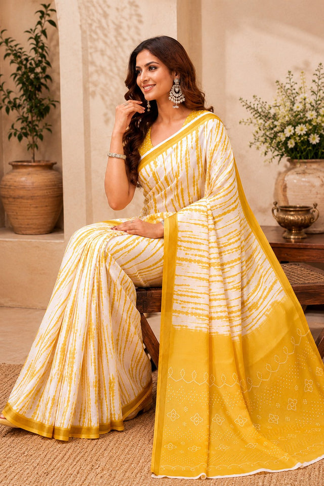 White & Yellow Printed Linen Saree (HT2531)