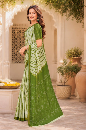 Mehendi Green & White Printed Linen Saree (HT2532)