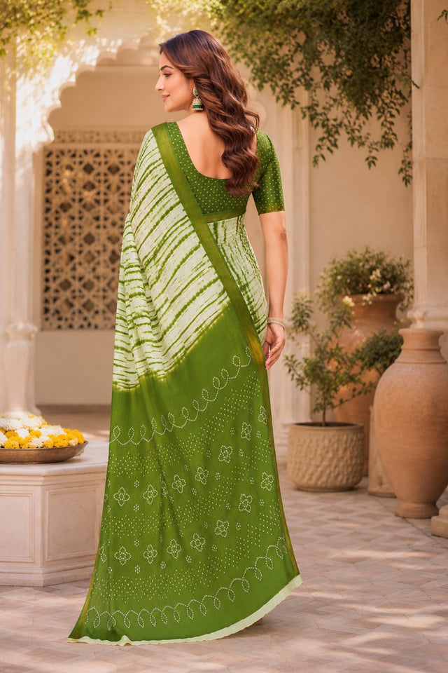 Mehendi Green & White Printed Linen Saree (HT2532)
