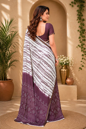 White & Purple Printed Linen Saree (HT2533)