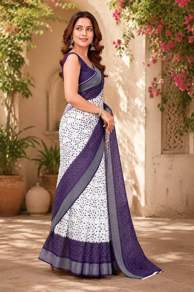 White & Navy Blue Bandhani Printed Linen Saree (HT2534)