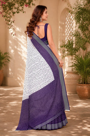 White & Navy Blue Bandhani Printed Linen Saree (HT2534)