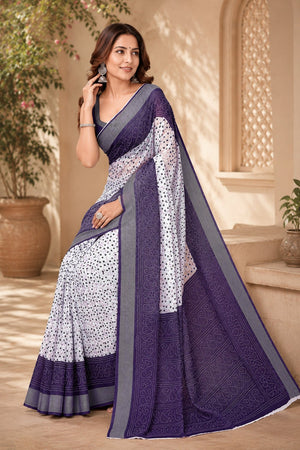 White & Navy Blue Bandhani Printed Linen Saree (HT2534)