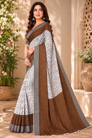White & Brown Bandhani Printed Linen Saree (HT2535)