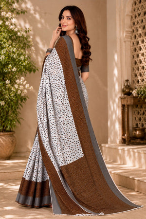 White & Brown Bandhani Printed Linen Saree (HT2535)