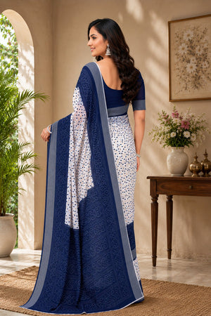White & Blue Bandhani Printed Linen Saree (HT2536)