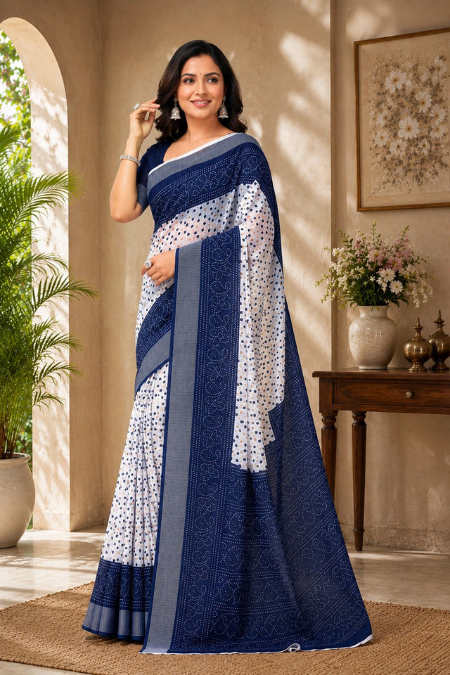 White & Blue Bandhani Printed Linen Saree (HT2536)