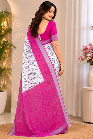 White & Pink Bandhani Printed Linen Saree (HT2537)