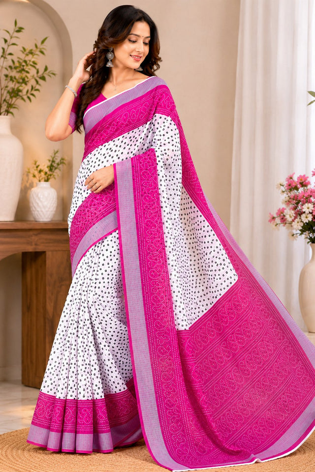 White & Pink Bandhani Printed Linen Saree (HT2537)