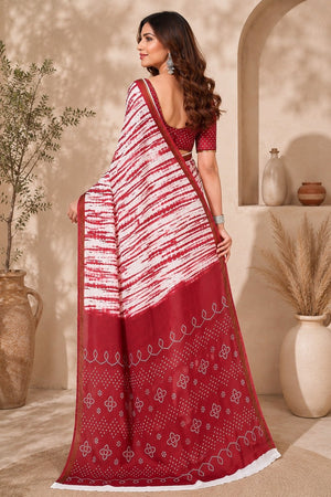 White & Red Printed Linen Saree (HT2538)