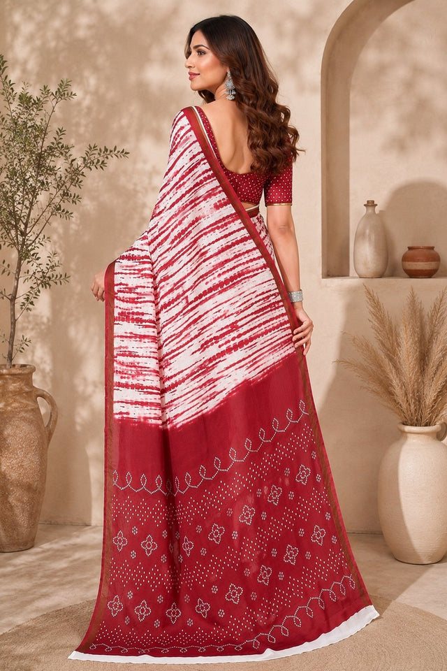 White & Red Printed Linen Saree (HT2538)