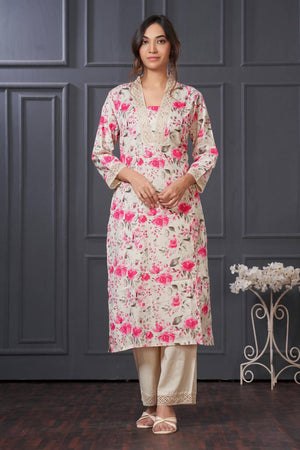 Pink Floral Printed Cotton Kurti Pant Set