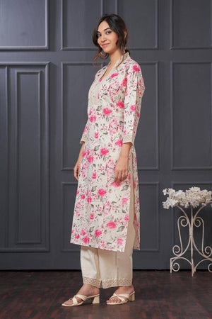 Pink Floral Printed Cotton Kurti Pant Set