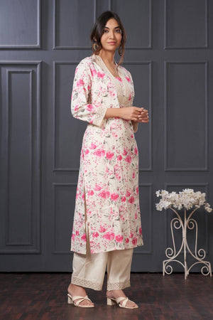 Pink Floral Printed Cotton Kurti Pant Set