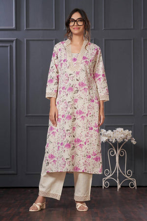 Violet Floral Printed Cotton Kurti Pant Set