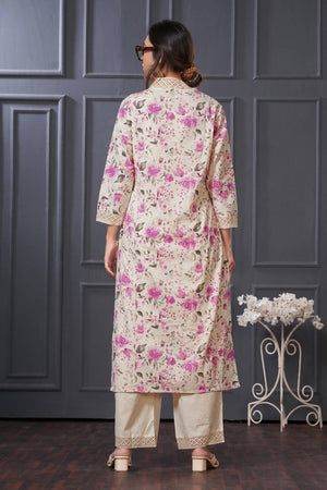 Violet Floral Printed Cotton Kurti Pant Set