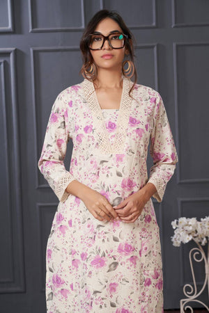Violet Floral Printed Cotton Kurti Pant Set