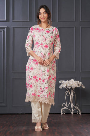 Pink Floral Printed Cotton Kurti Pant Set