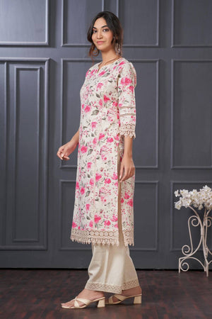 Pink Floral Printed Cotton Kurti Pant Set