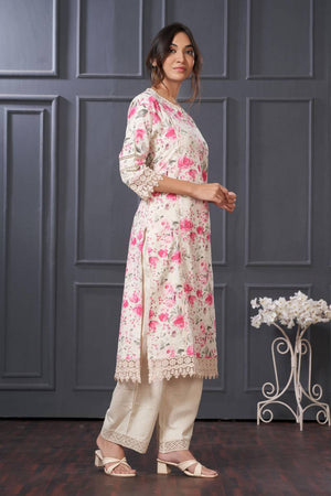 Pink Floral Printed Cotton Kurti Pant Set
