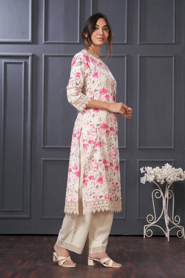 Pink Floral Printed Cotton Kurti Pant Set