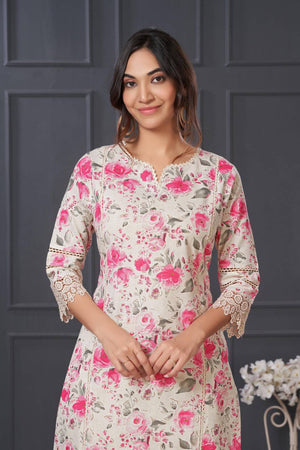 Pink Floral Printed Cotton Kurti Pant Set