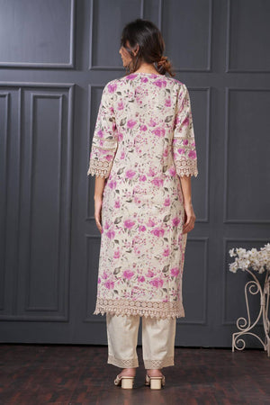 Violet Floral Printed Cotton Kurti Pant Set