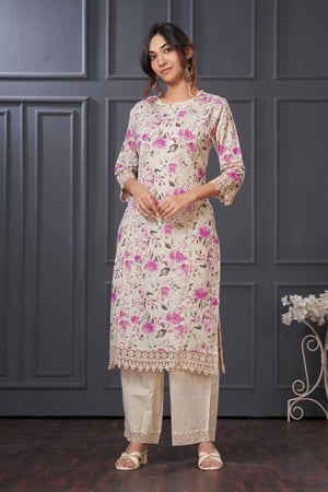 Violet Floral Printed Cotton Kurti Pant Set