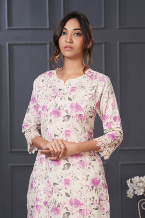 Violet Floral Printed Cotton Kurti Pant Set