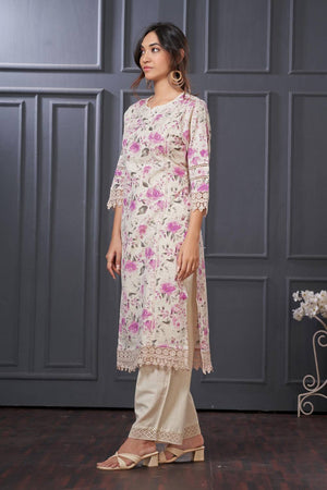 Violet Floral Printed Cotton Kurti Pant Set