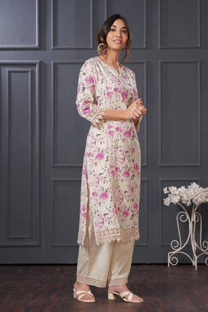 Violet Floral Printed Cotton Kurti Pant Set