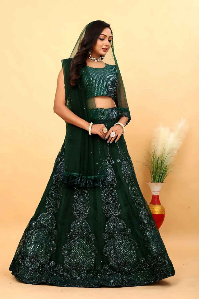 Dark Green Zari Net Lehenga